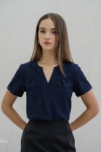 Tomi Textured V Neck Top In Navy (XS)