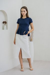 Pansy Cotton Peplum Top In Navy