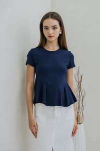 Pansy Cotton Peplum Top In Navy