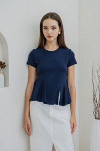 Pansy Cotton Peplum Top In Navy