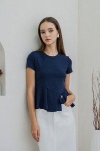 Pansy Cotton Peplum Top In Navy