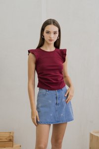 Roxanne Side Ruched Cotton Top In Wine