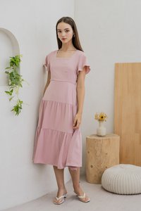 Faron Flare Sleeve Tiered Midi Dress In Pink (XS)