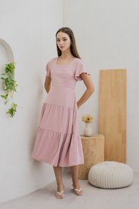 Faron Flare Sleeve Tiered Midi Dress In Pink (XS)