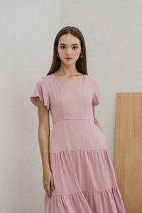 Faron Flare Sleeve Tiered Midi Dress In Pink (XS)
