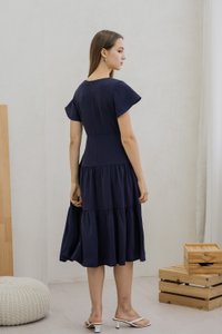Faron Flare Sleeve Tiered Midi Dress In Navy (XS)