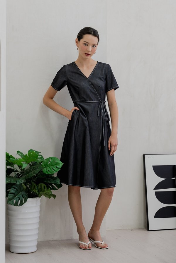 Finn Faux Wrap Midi Dress In Black