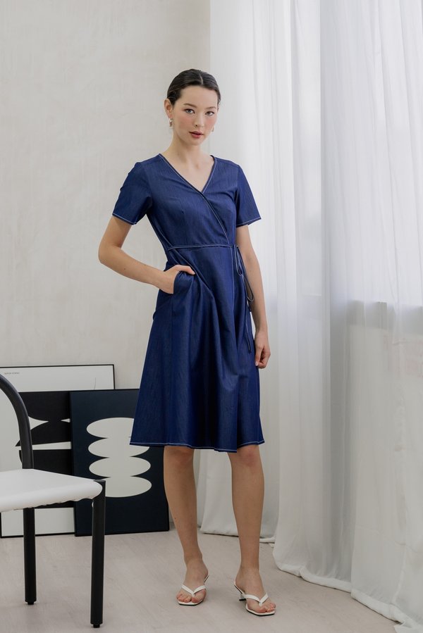 Finn Faux Wrap Midi Dress In Denim Blue