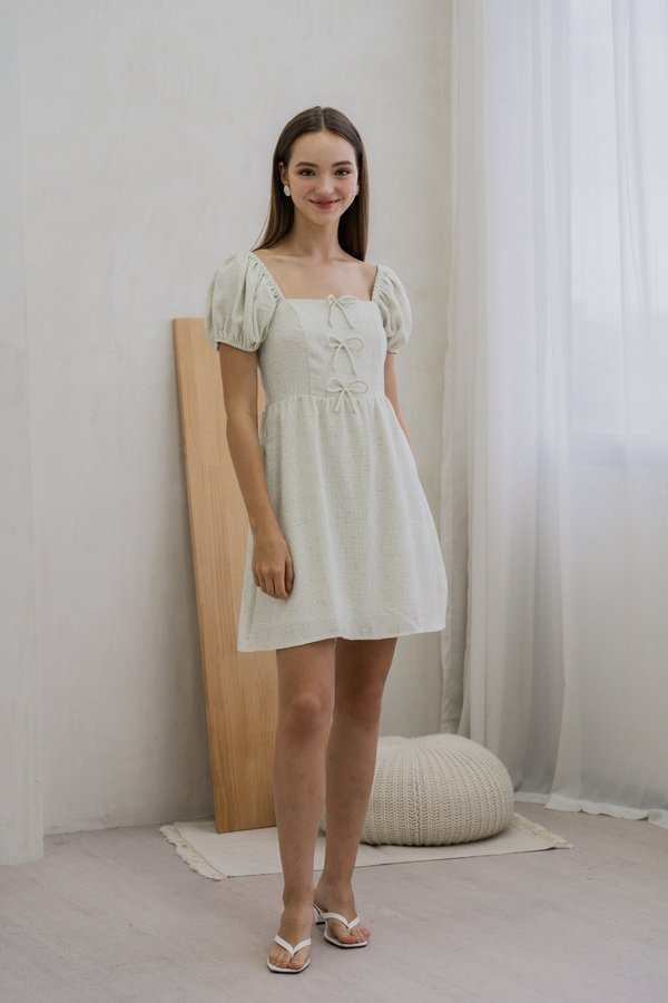 Greer Ribbon Puffed Sleeve Dress In Cream (XS)