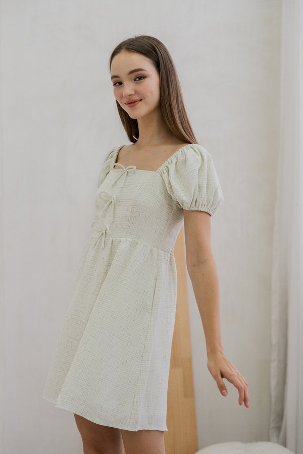 Greer Ribbon Puffed Sleeve Dress In Cream (XS)