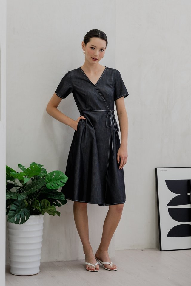 Finn Faux Wrap Midi Dress In Black
