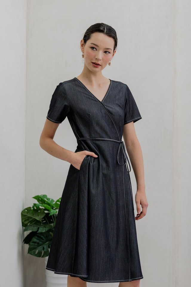 Finn Faux Wrap Midi Dress In Black