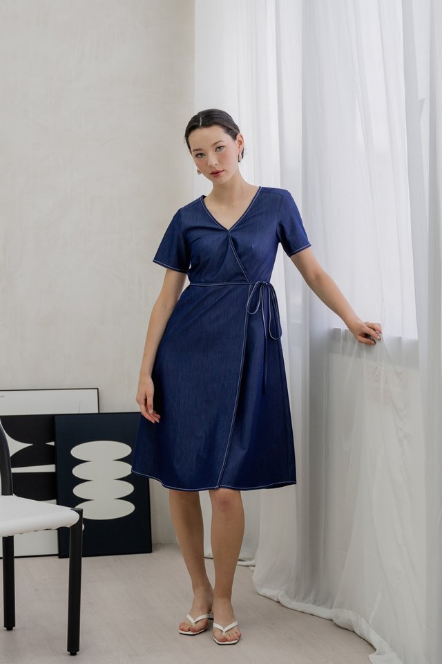 Finn Faux Wrap Midi Dress In Denim Blue