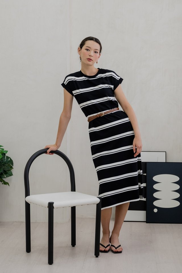 Levi Cotton Striped Midi Dress In Black