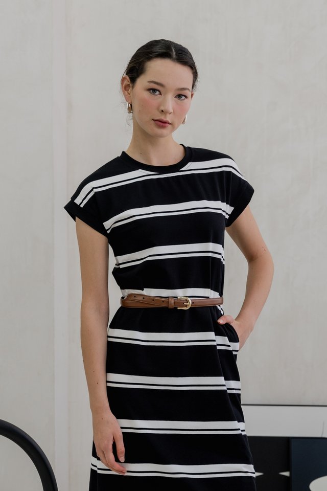 Levi Cotton Striped Midi Dress In Black