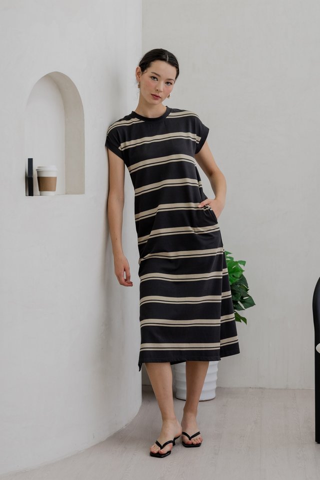 Levi Cotton Striped Midi Dress In Grey