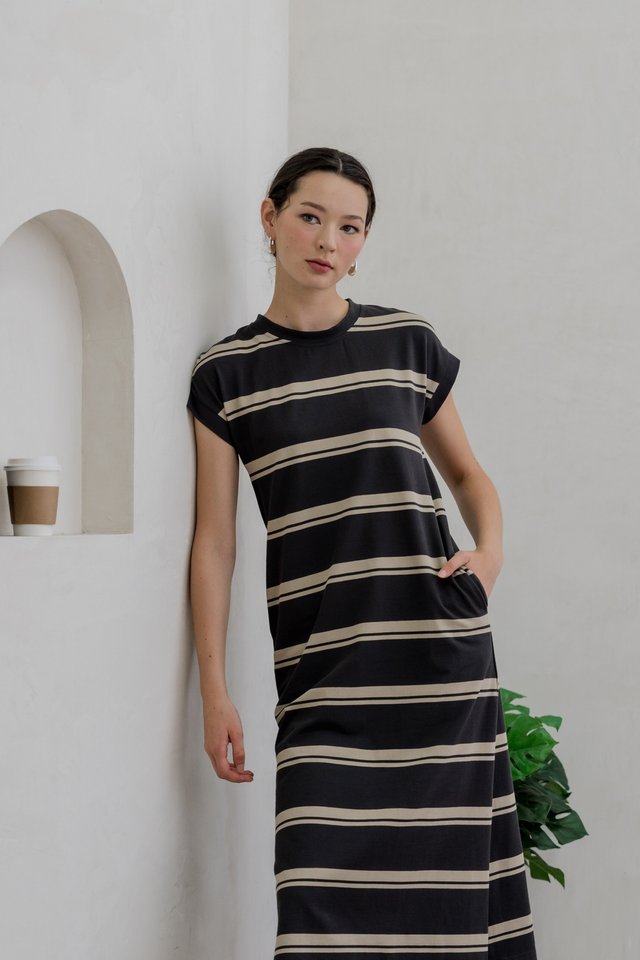 Levi Cotton Striped Midi Dress In Grey