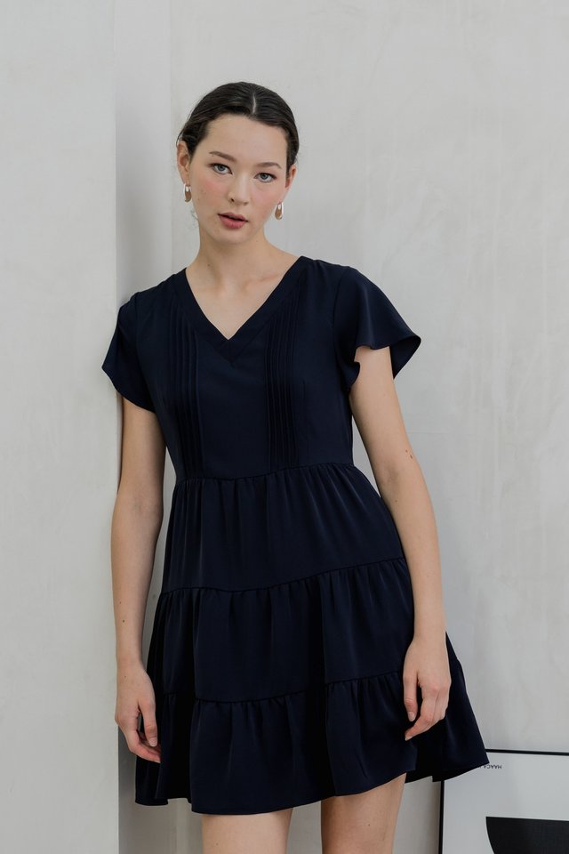 Vivi Pleated Tiered Dress In Navy