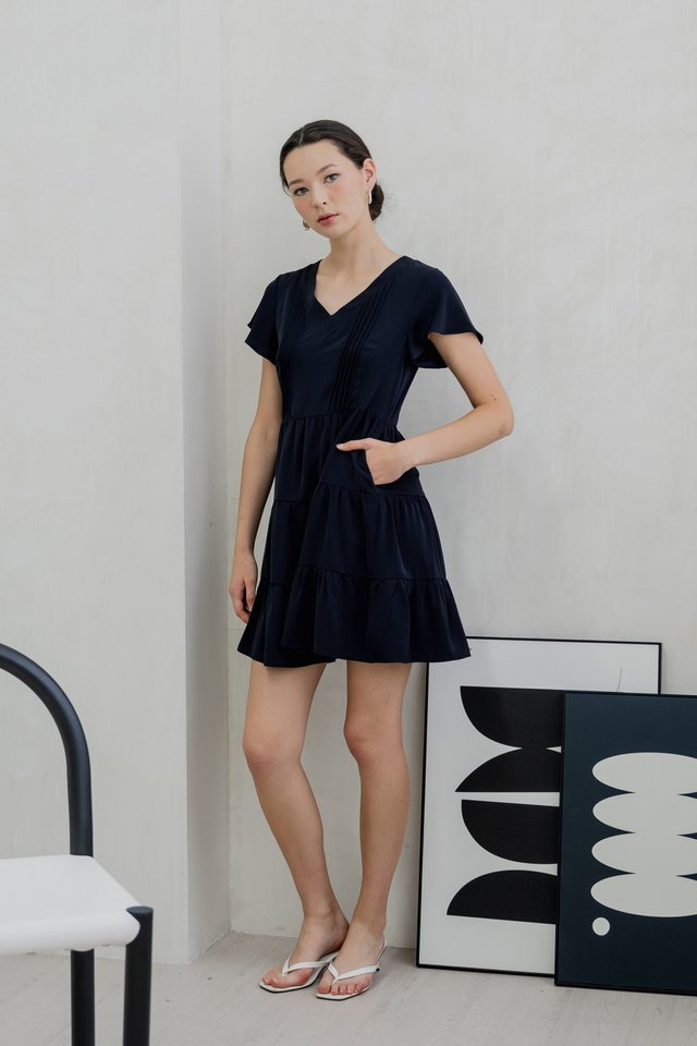 Vivi Pleated Tiered Dress In Navy