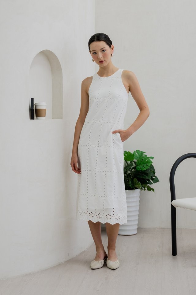 Elowen Eyelet Midi Dress In White