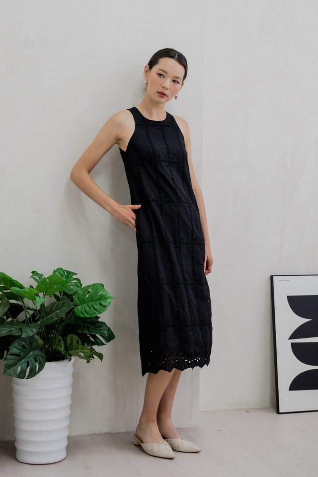 Elowen Eyelet Midi Dress In Black