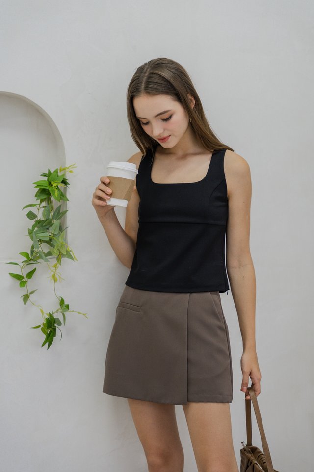 Bree Square Neck Cotton Top In Black