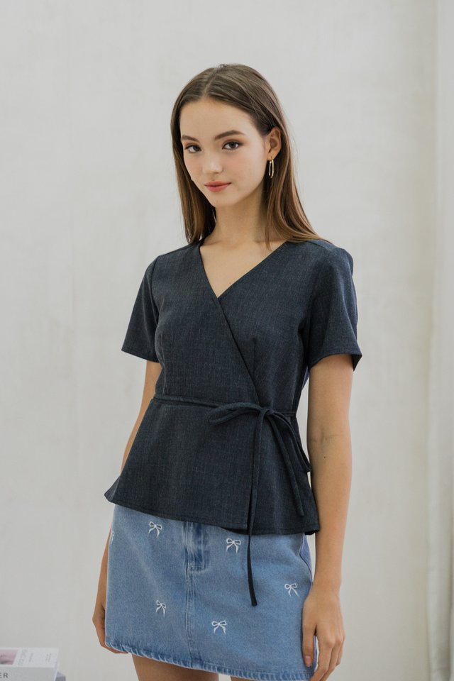 Fae Faux Wrap Top In Dark Grey 