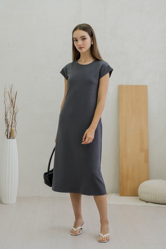 Braelynn Basic Midi Dress In Gunmetal Grey