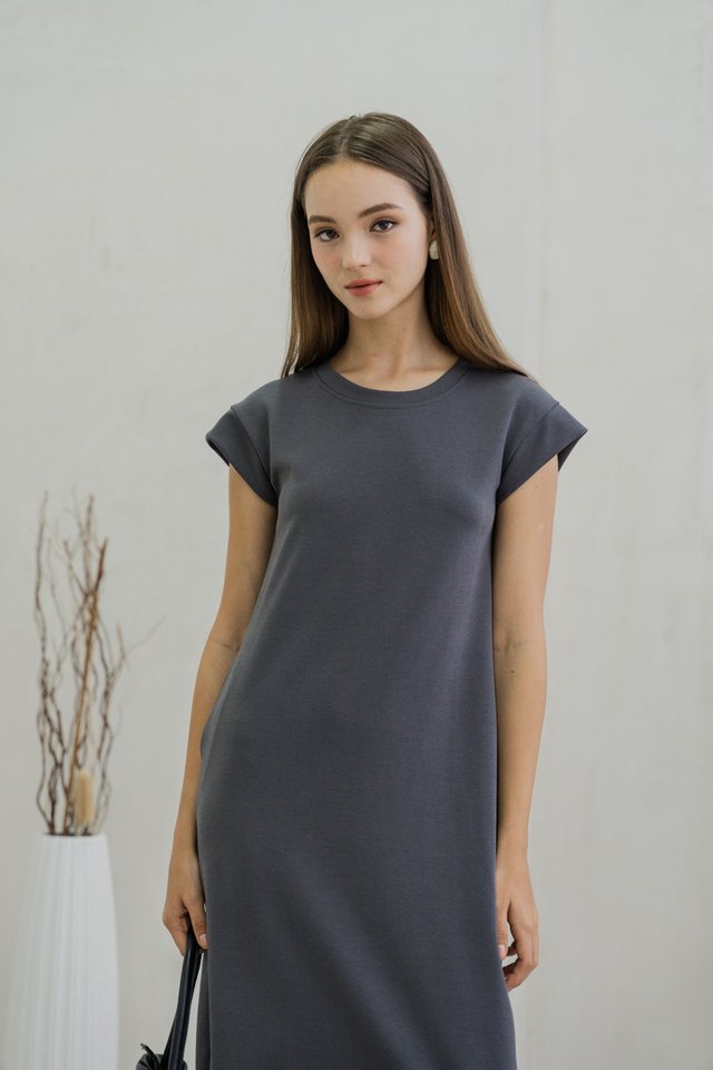 Braelynn Basic Midi Dress In Gunmetal Grey