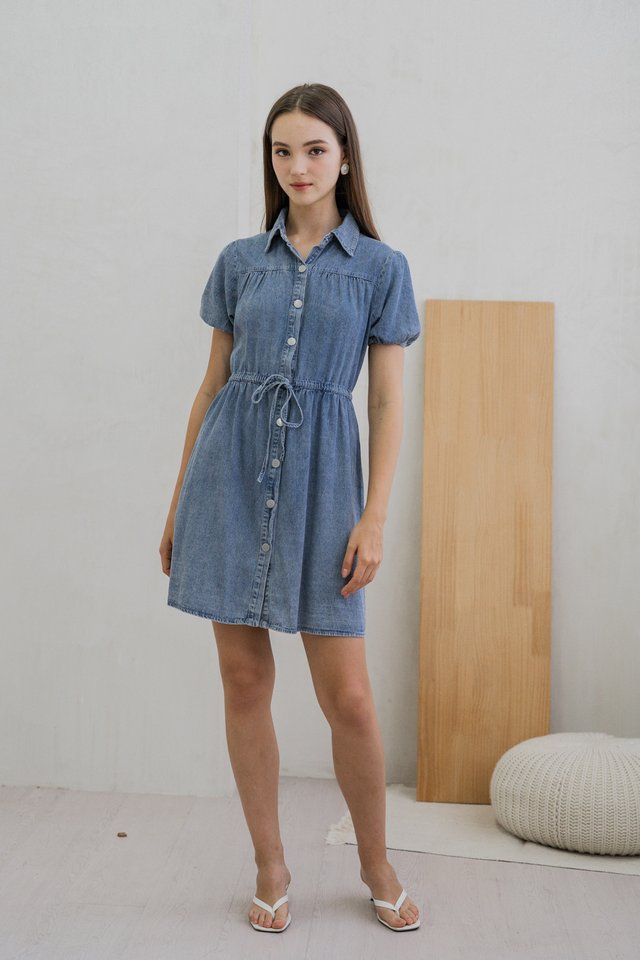 Brietta Drawstring Collar Denim Dress 