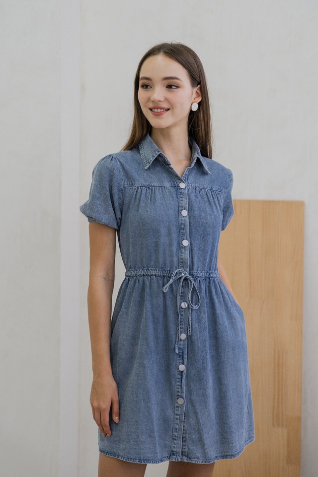 Brietta Drawstring Collar Denim Dress 