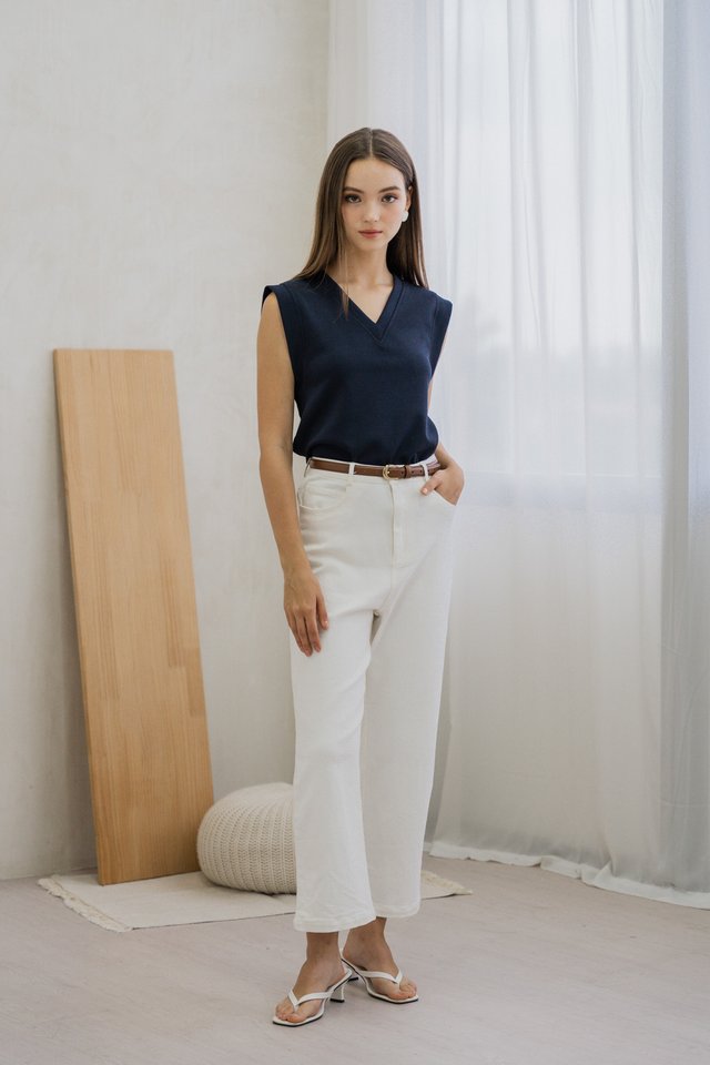 Cassidi Cotton V Neck Basic Top In Navy