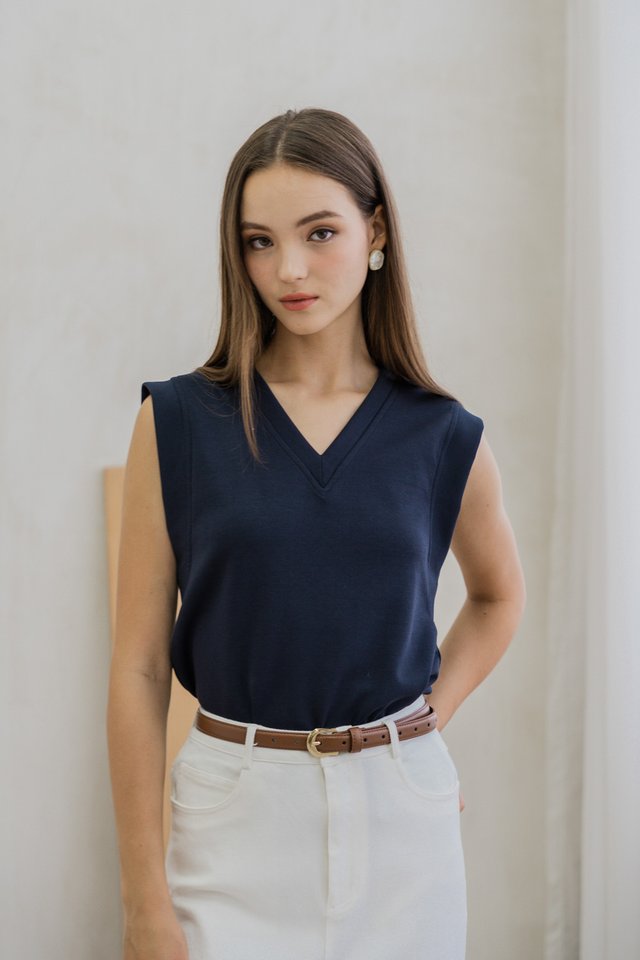 Cassidi Cotton V Neck Basic Top In Navy