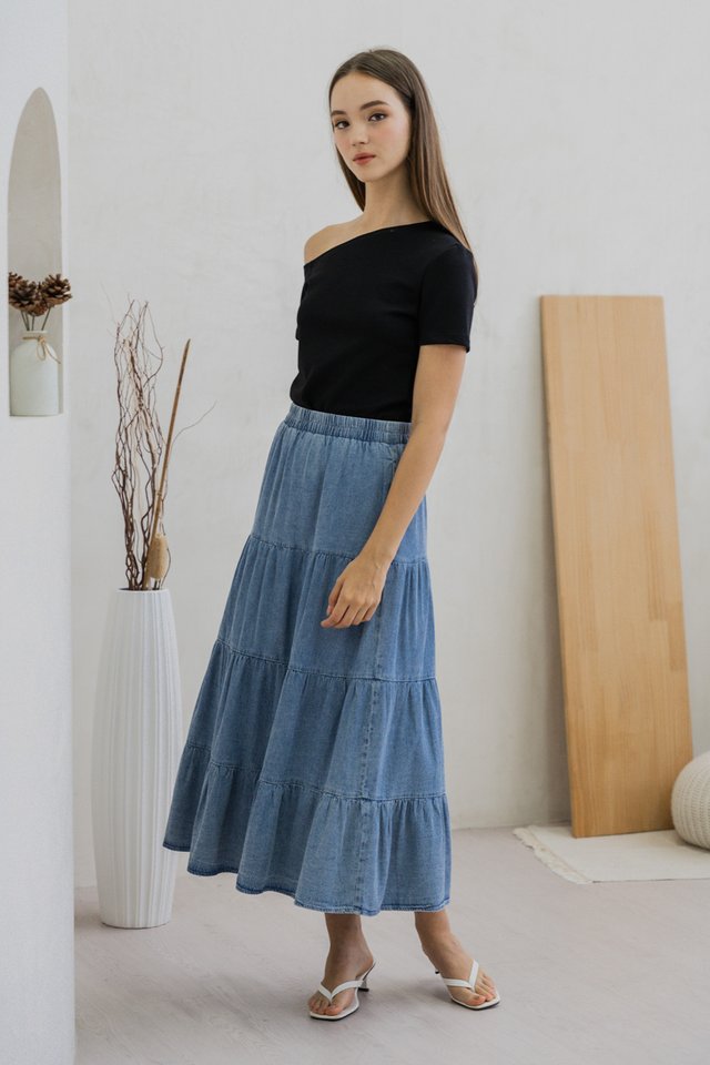 Tate Denim Tiered Midi Skirt