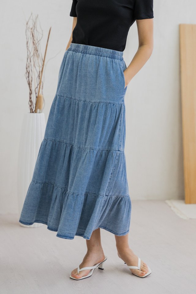 Tate Denim Tiered Midi Skirt