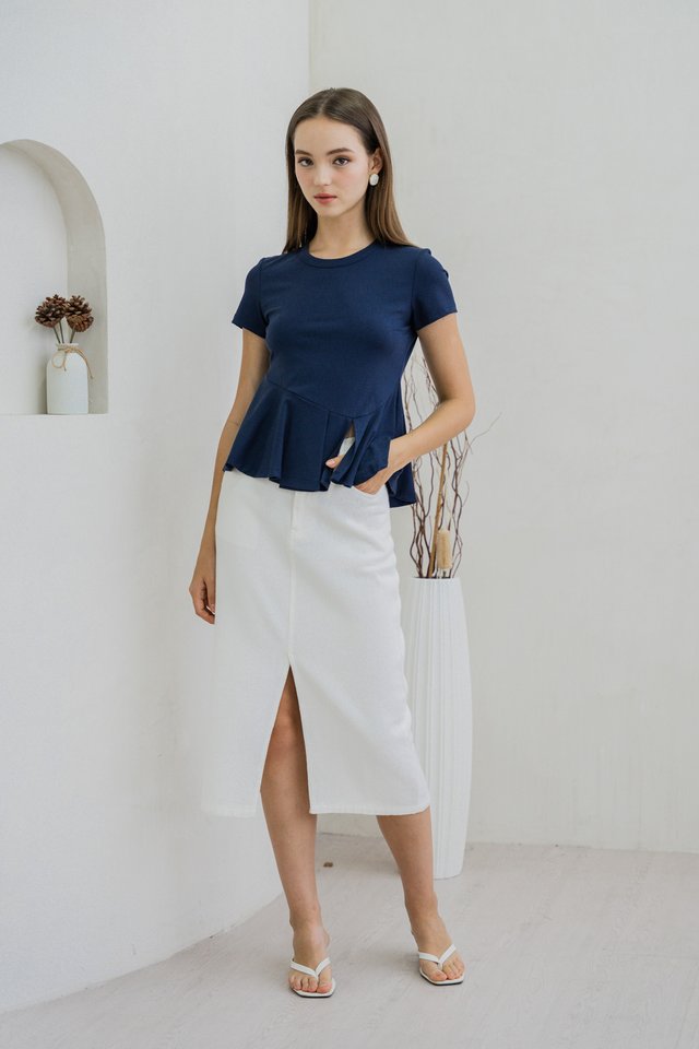 Pansy Cotton Peplum Top In Navy