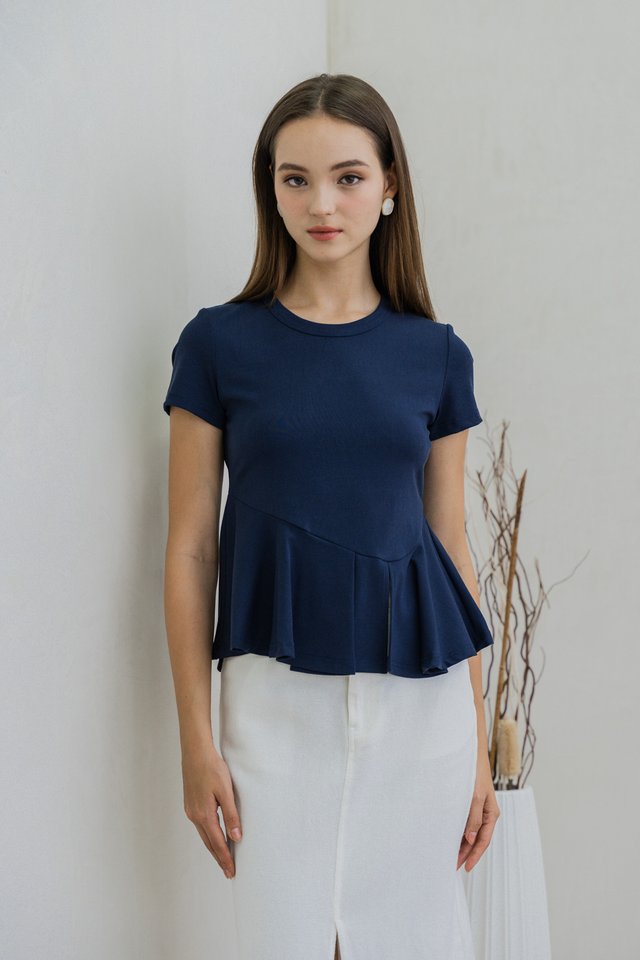 Pansy Cotton Peplum Top In Navy
