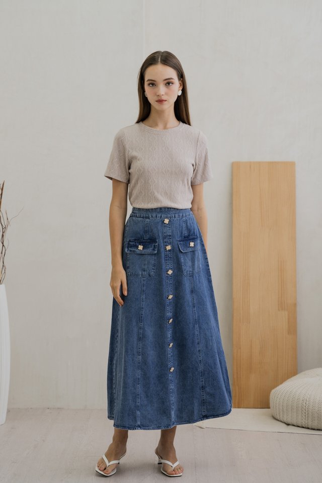 Clarice Clover Button Denim Midi Skirt