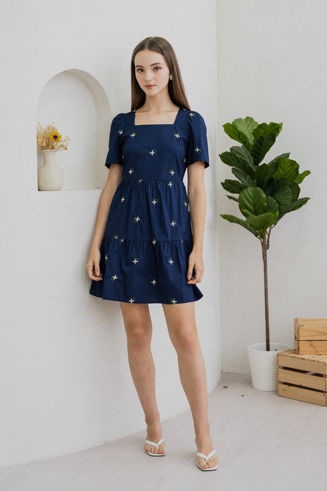 Rosette Floral Embroidered Tiered Dress In Navy