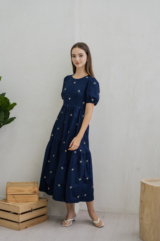 Rosette Floral Embroidered Maxi Dress In Navy