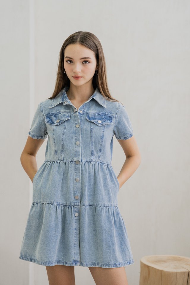 Koreen Collared Tiered Denim Dress 