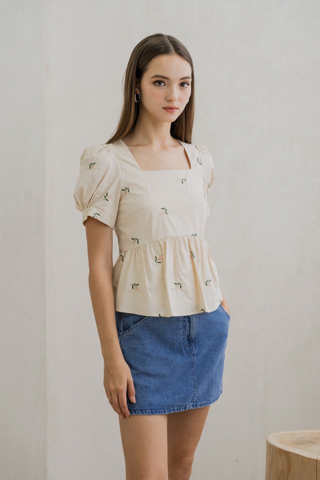 Rosette Embroidered Babydoll Top In Cream