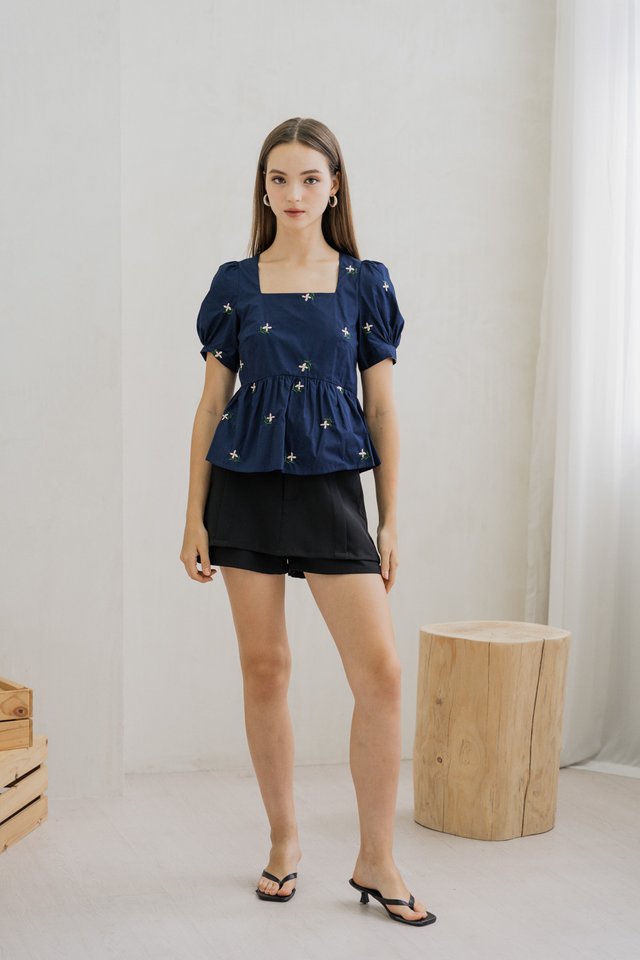 Rosette Embroidered Babydoll Top In Navy