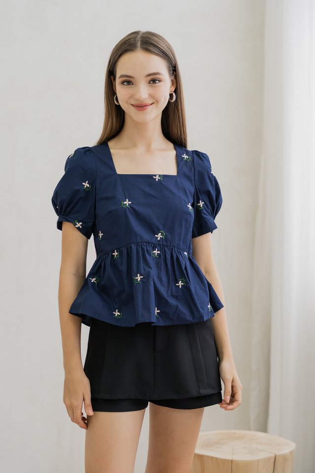 Rosette Embroidered Babydoll Top In Navy
