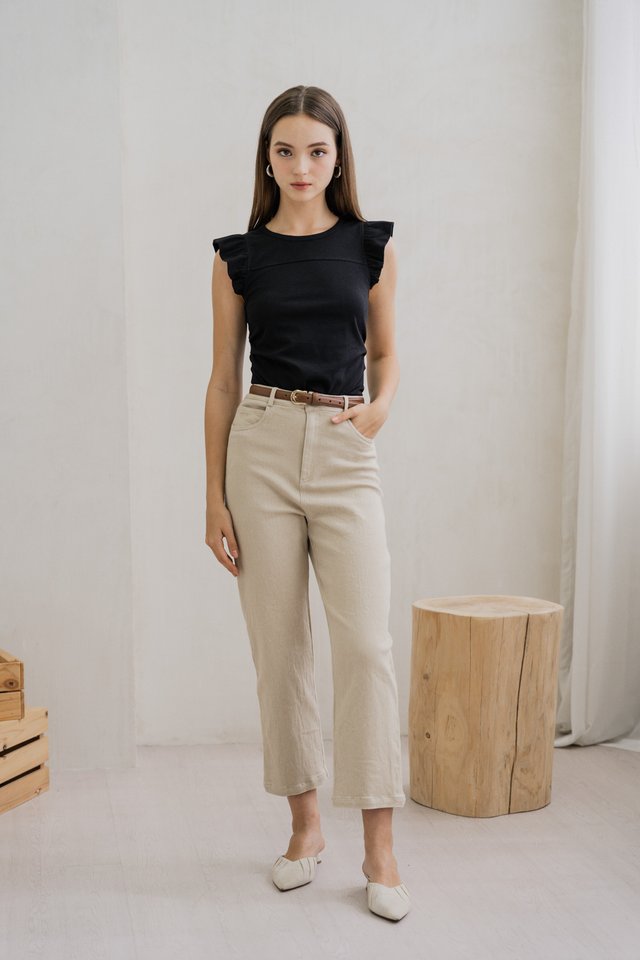 Roxanne Side Ruched Cotton Top In Black