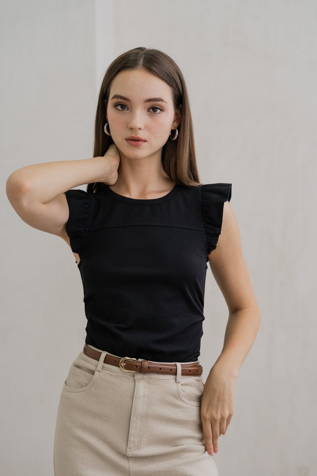 Roxanne Side Ruched Cotton Top In Black
