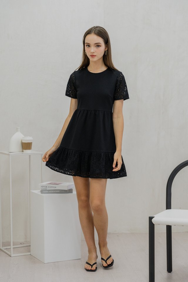 Elyn Eyelet Cotton Tiered Dress in Black