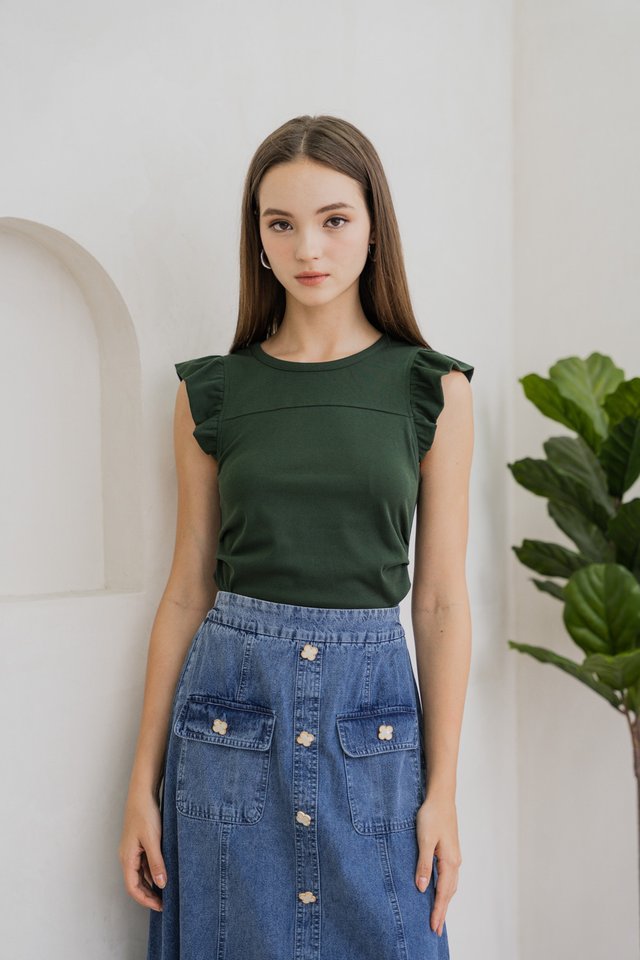 Roxanne Side Ruched Cotton Top In Forest