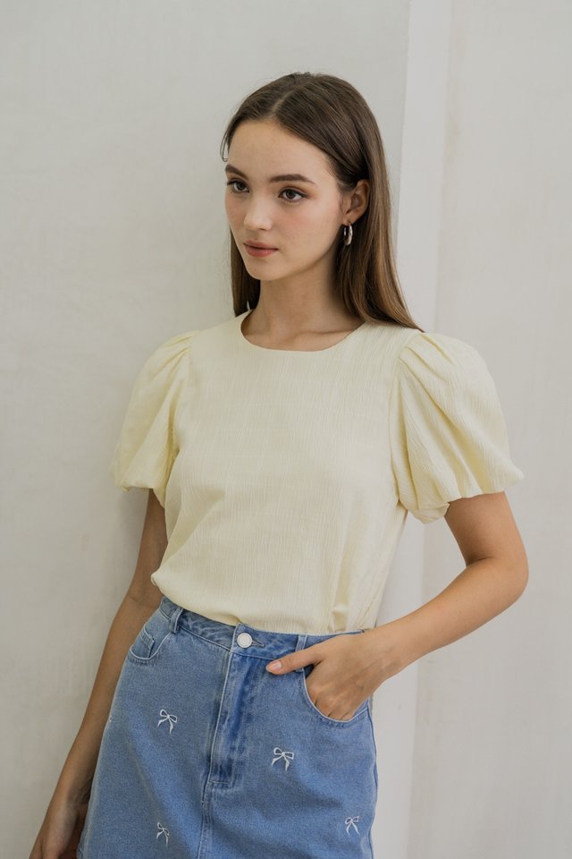 Paula Textured Puffed Sleeved Top In Pastel Yellow
