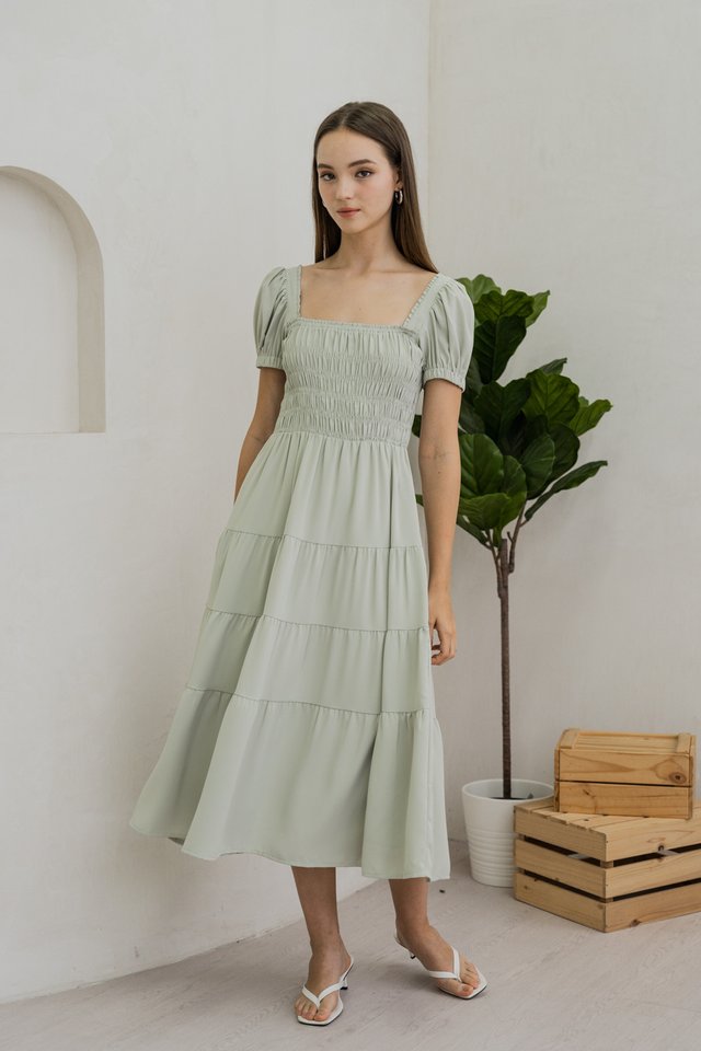 Shyla Smocked Tiered Maxi Dress In Sage